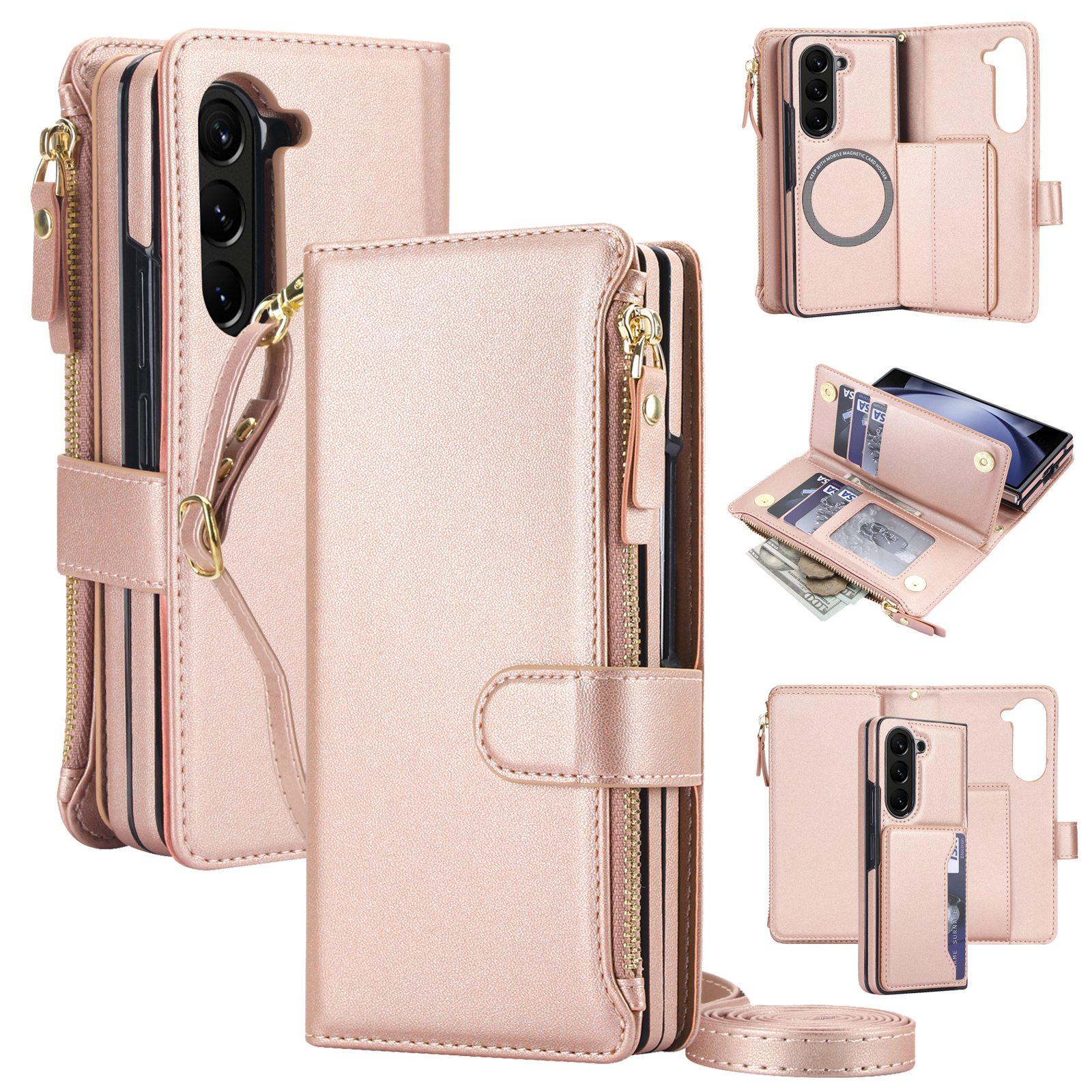 For Galaxy Z Fold5 5G KLT-033 Detachable 2 in 1 Zipper Wallet Magnetic Phone Case with Lanyard(Rose Gold) - Shopkiz.com