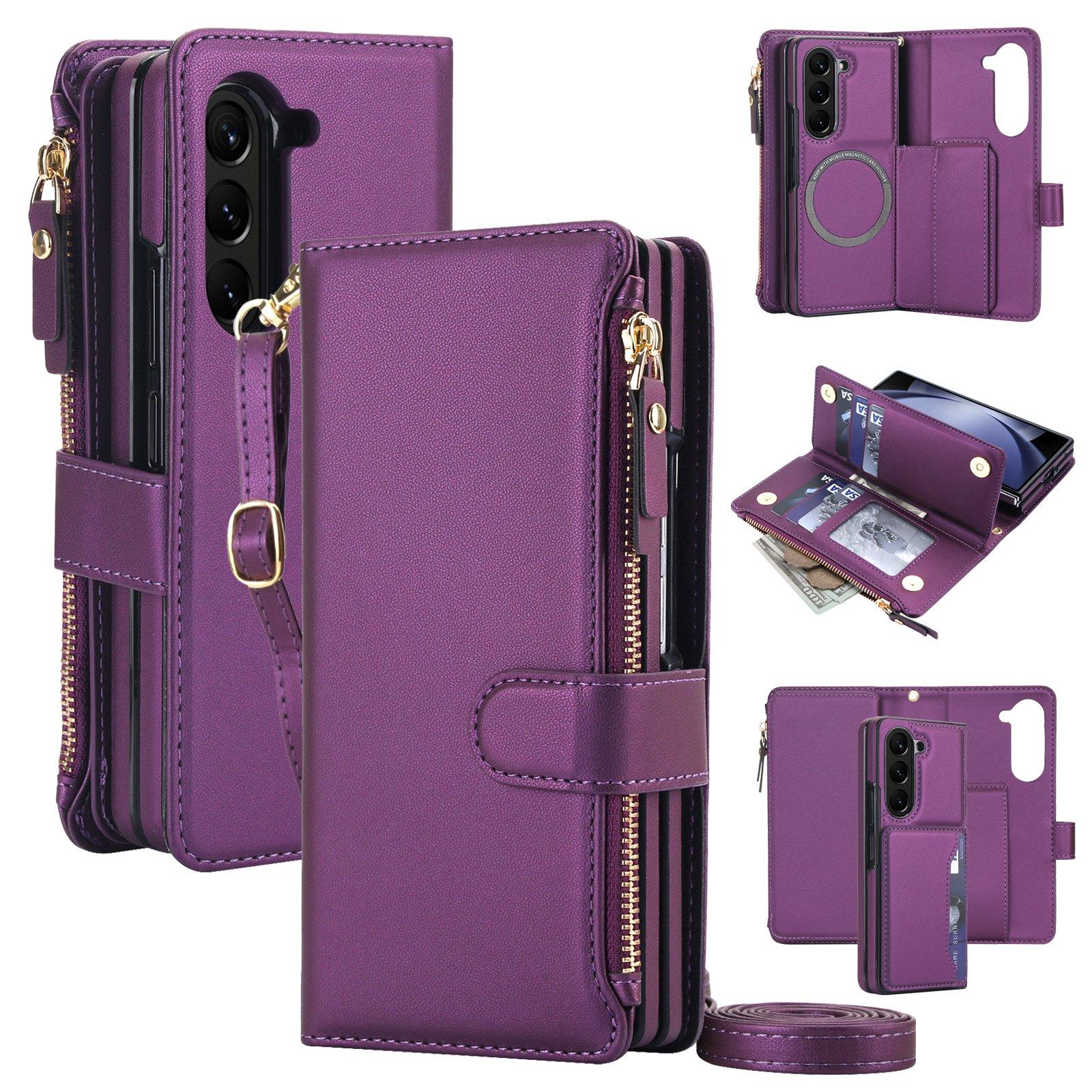 For Galaxy Z Fold5 5G KLT-033 Detachable 2 in 1 Zipper Wallet Magnetic Phone Case with Lanyard(Purple) - Shopkiz.com