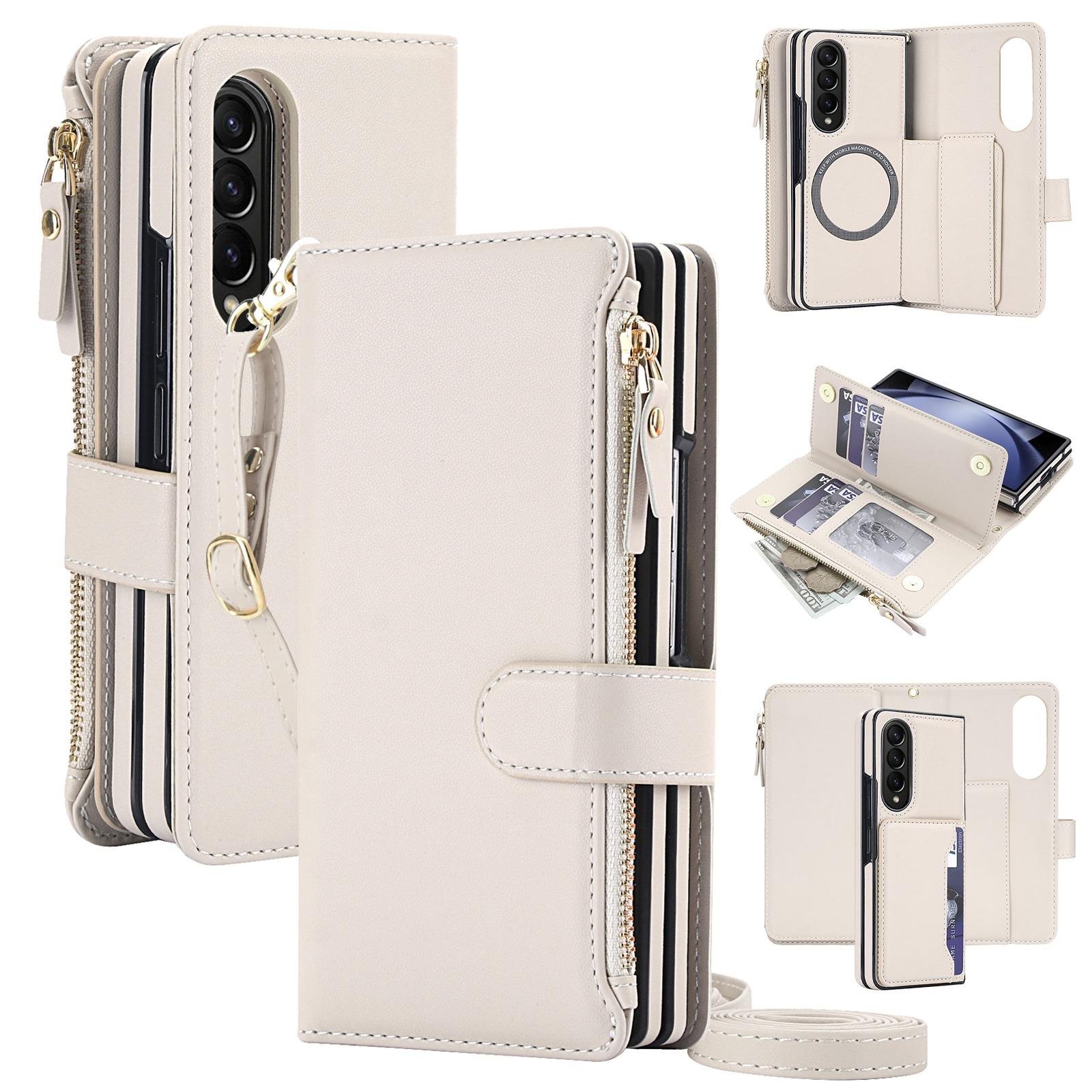 For Galaxy Z Fold4 5G KLT-033 Detachable 2 in 1 Zipper Wallet Magnetic Phone Case with Lanyard(Apricot) - Shopkiz.com