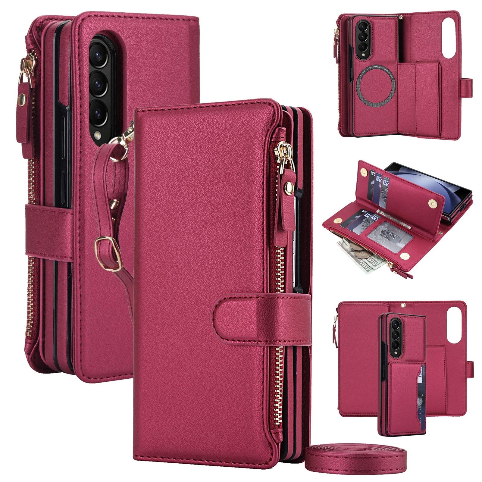 For Galaxy Z Fold4 5G KLT-033 Detachable 2 in 1 Zipper Wallet Magnetic Phone Case with Lanyard(Red) - Shopkiz.com