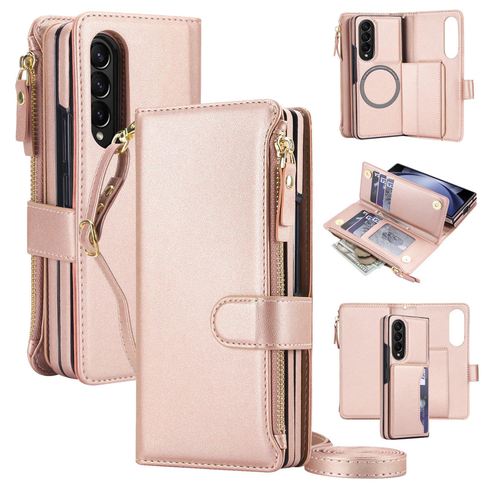 For Galaxy Z Fold4 5G KLT-033 Detachable 2 in 1 Zipper Wallet Magnetic Phone Case with Lanyard(Rose Gold) - Shopkiz.com