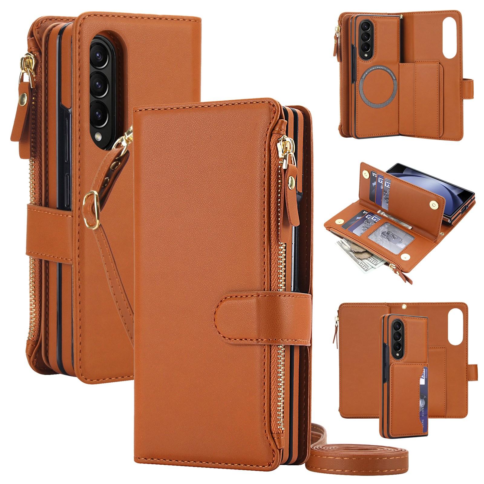 For Galaxy Z Fold4 5G KLT-033 Detachable 2 in 1 Zipper Wallet Magnetic Phone Case with Lanyard(Brown) - Shopkiz.com