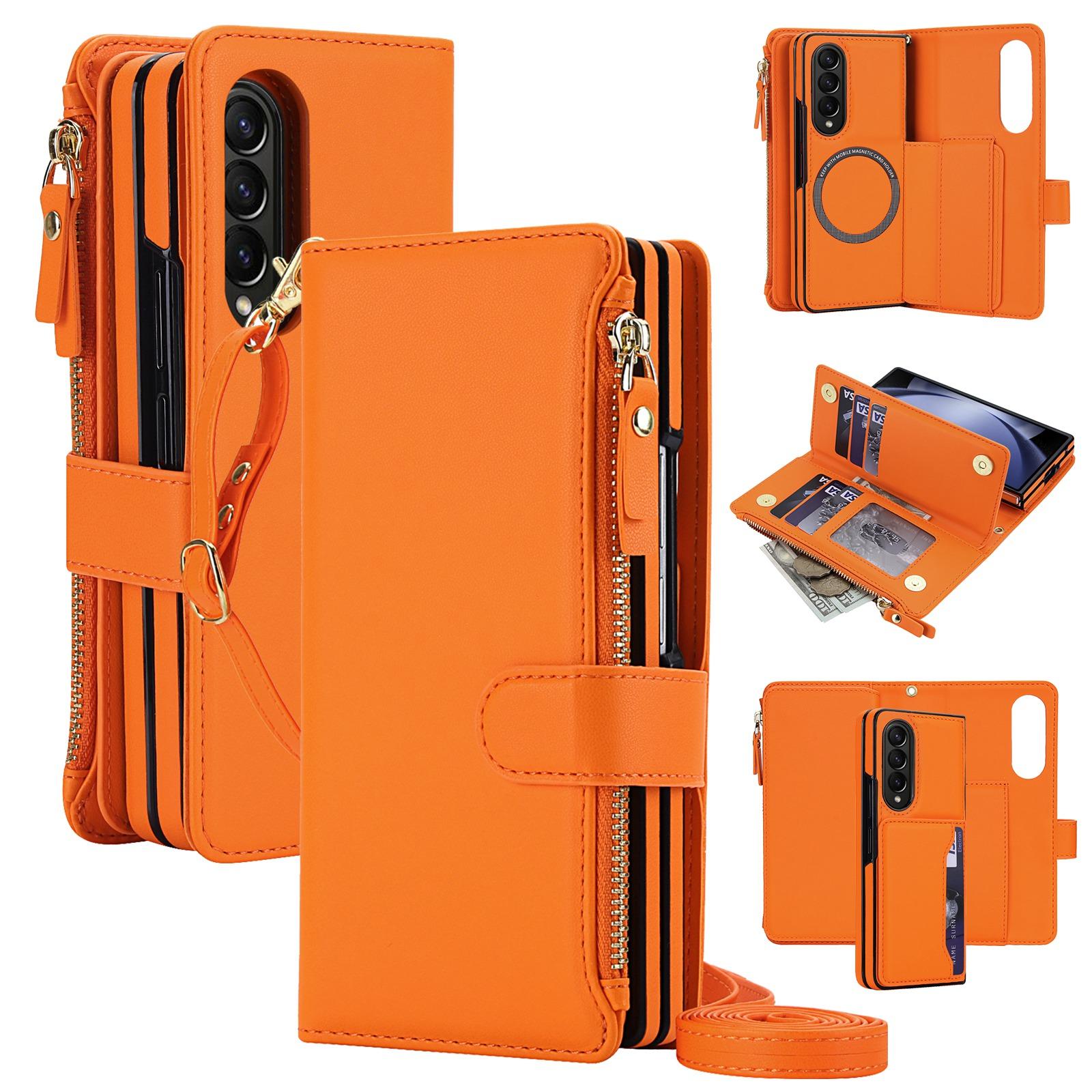 For Galaxy Z Fold3 5G KLT-033 Detachable 2 in 1 Zipper Wallet Magnetic Phone Case with Lanyard(Orange) - Shopkiz.com