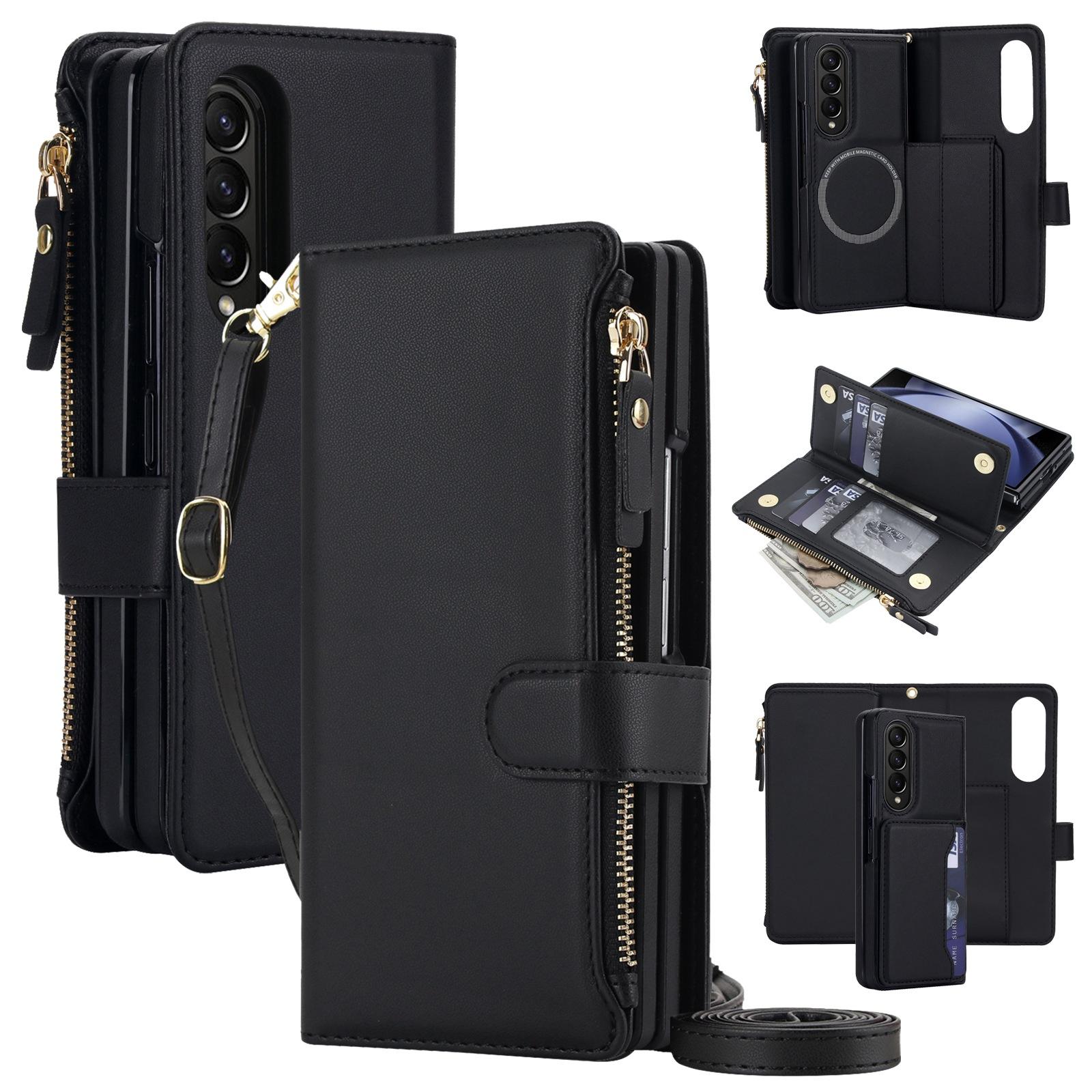 For Galaxy Z Fold3 5G KLT-033 Detachable 2 in 1 Zipper Wallet Magnetic Phone Case with Lanyard(Black) - Shopkiz.com