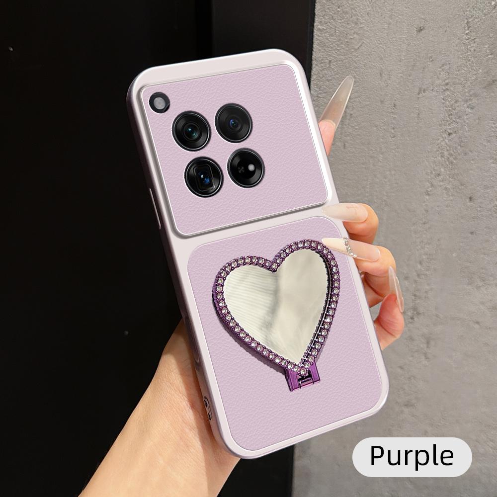 For OnePlus 12 Lambskin Series Skin Feel Shockproof Phone Case with Heart Mirror Holder(Purple) - Shopkiz.com