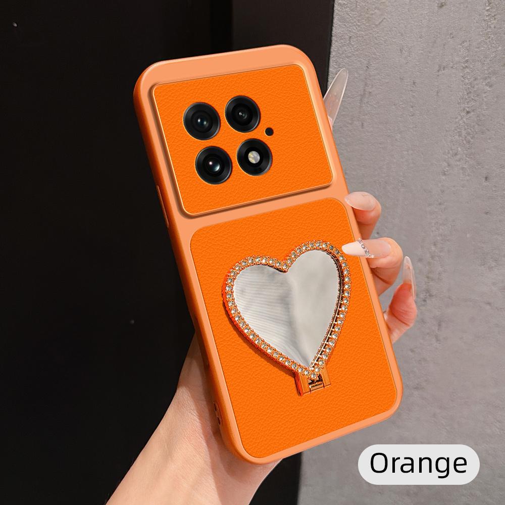 For OnePlus 13 Lambskin Series Skin Feel Shockproof Phone Case with Heart Mirror Holder(Orange) - Shopkiz.com