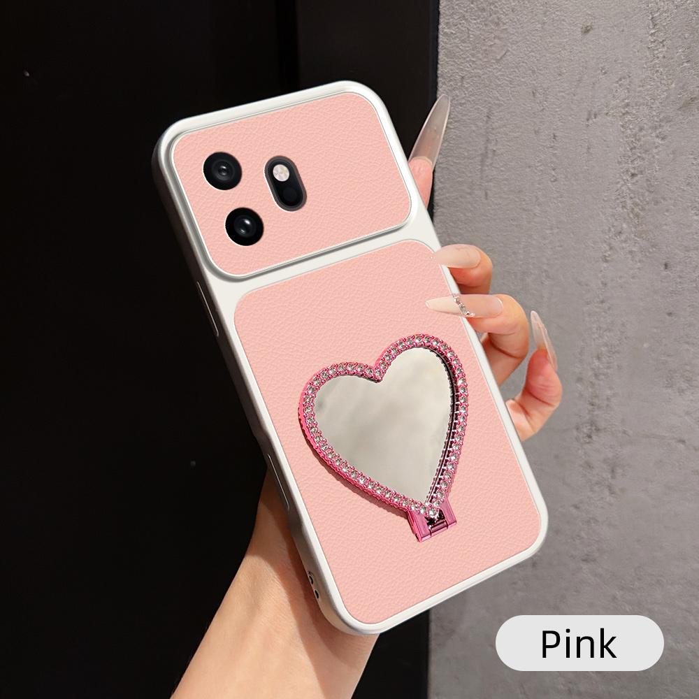 For OnePlus 15T Lambskin Series Skin Feel Shockproof Phone Case with Heart Mirror Holder(Pink) - Shopkiz.com