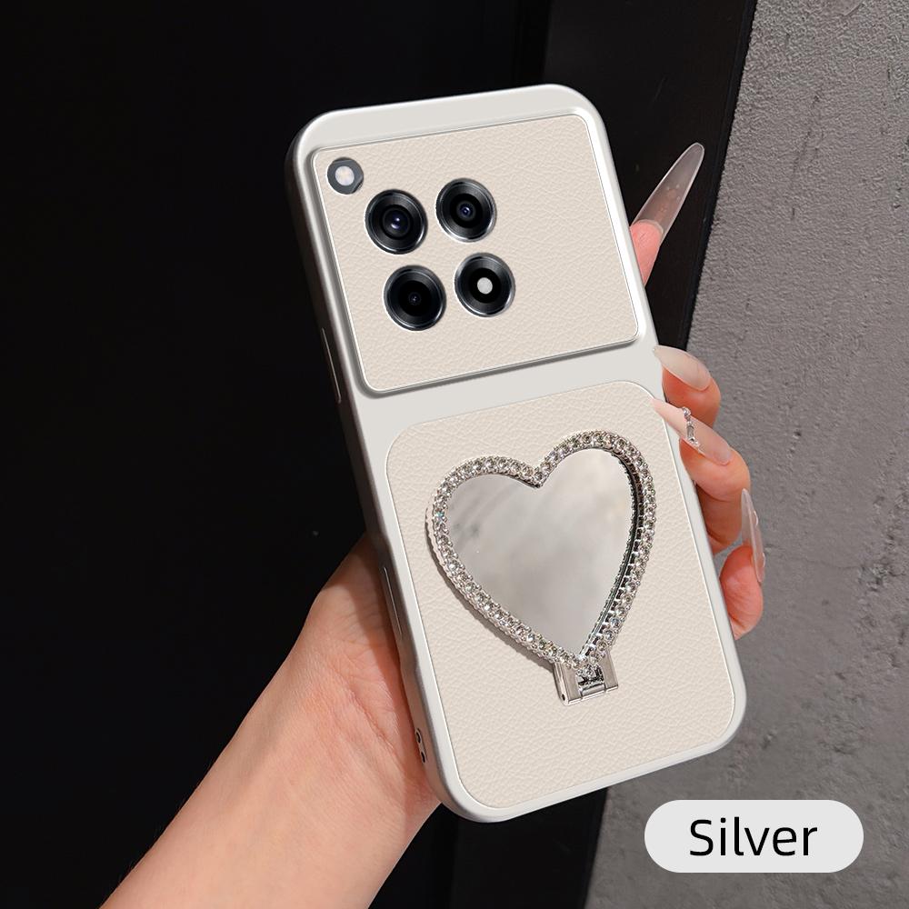 For OnePlus Ace 3 Lambskin Series Skin Feel Shockproof Phone Case with Heart Mirror Holder(Silver) - Shopkiz.com