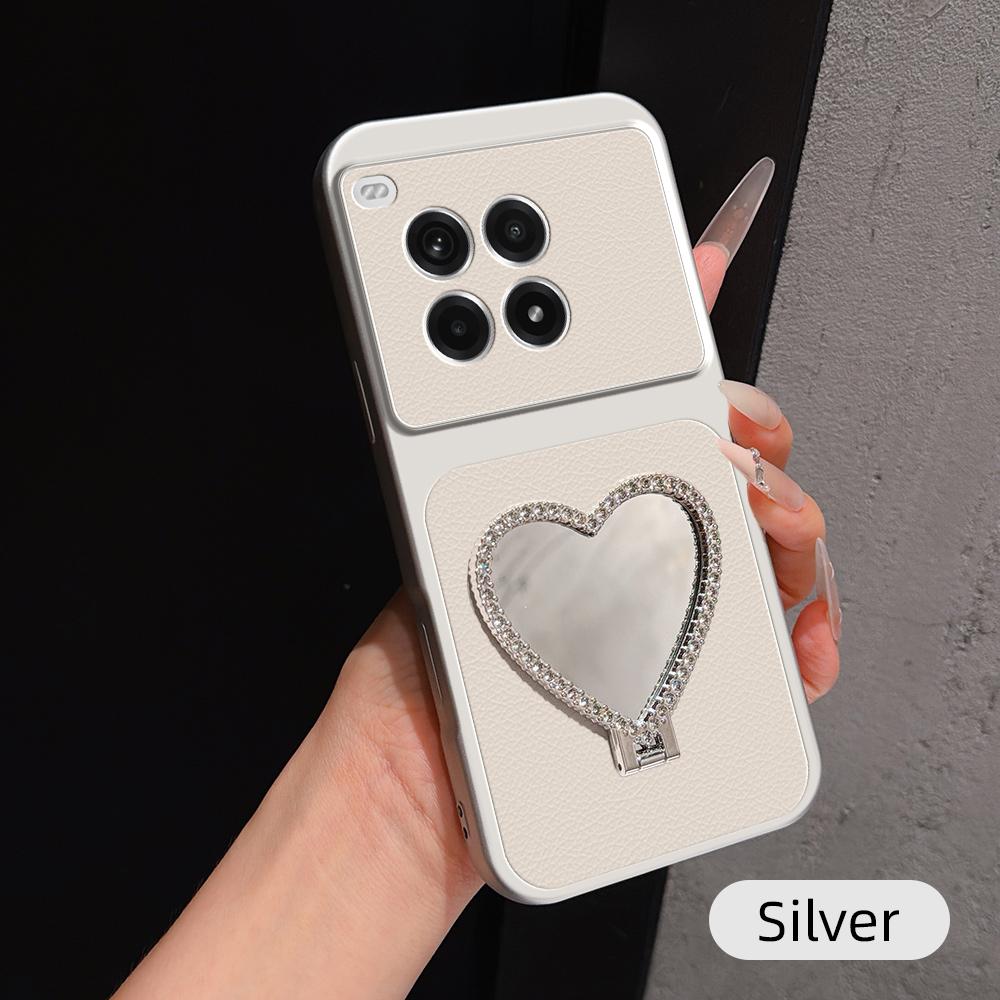 For OnePlus Ace 3 Pro Lambskin Series Skin Feel Shockproof Phone Case with Heart Mirror Holder(Silver) - Shopkiz.com