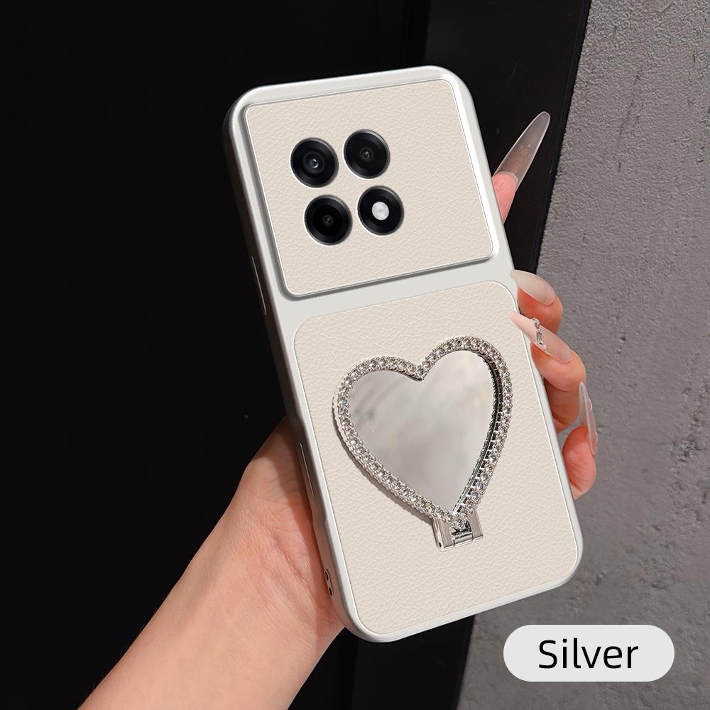 For OnePlus Ace 5 Lambskin Series Skin Feel Shockproof Phone Case with Heart Mirror Holder(Silver) - Shopkiz.com