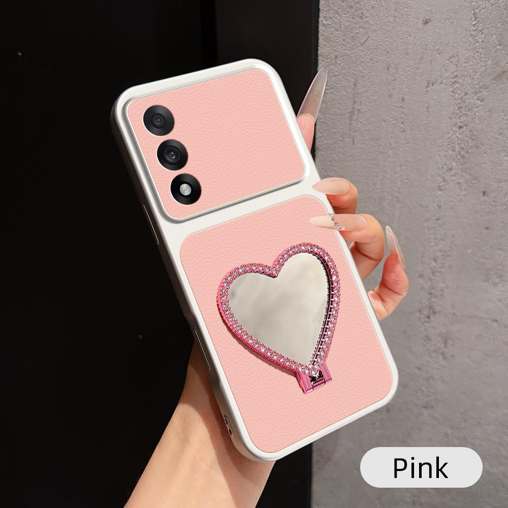 For OnePlus Ace 5 Ultra Lambskin Series Skin Feel Shockproof Phone Case with Heart Mirror Holder(Pink) - Shopkiz.com