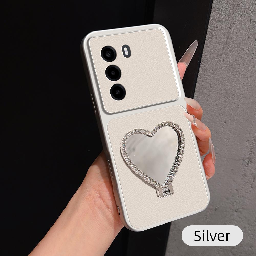 For OnePlus Turbo 6X 5G Lambskin Series Skin Feel Shockproof Phone Case with Heart Mirror Holder(Silver) - Shopkiz.com