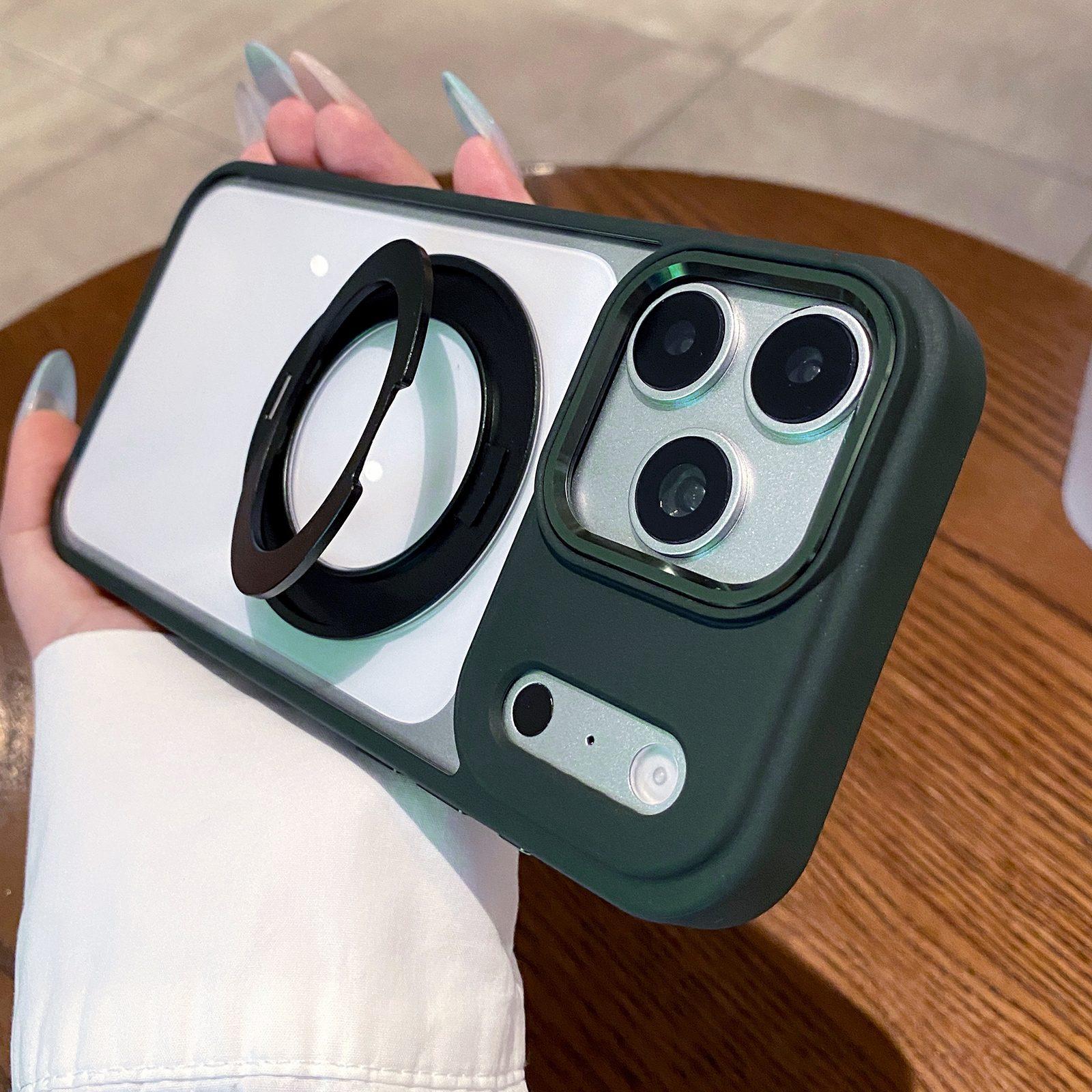 For iPhone 18 Pro Clear Back Design 360 Degree Rotating Magnetic Holder Phone Case(Green) - Shopkiz.com