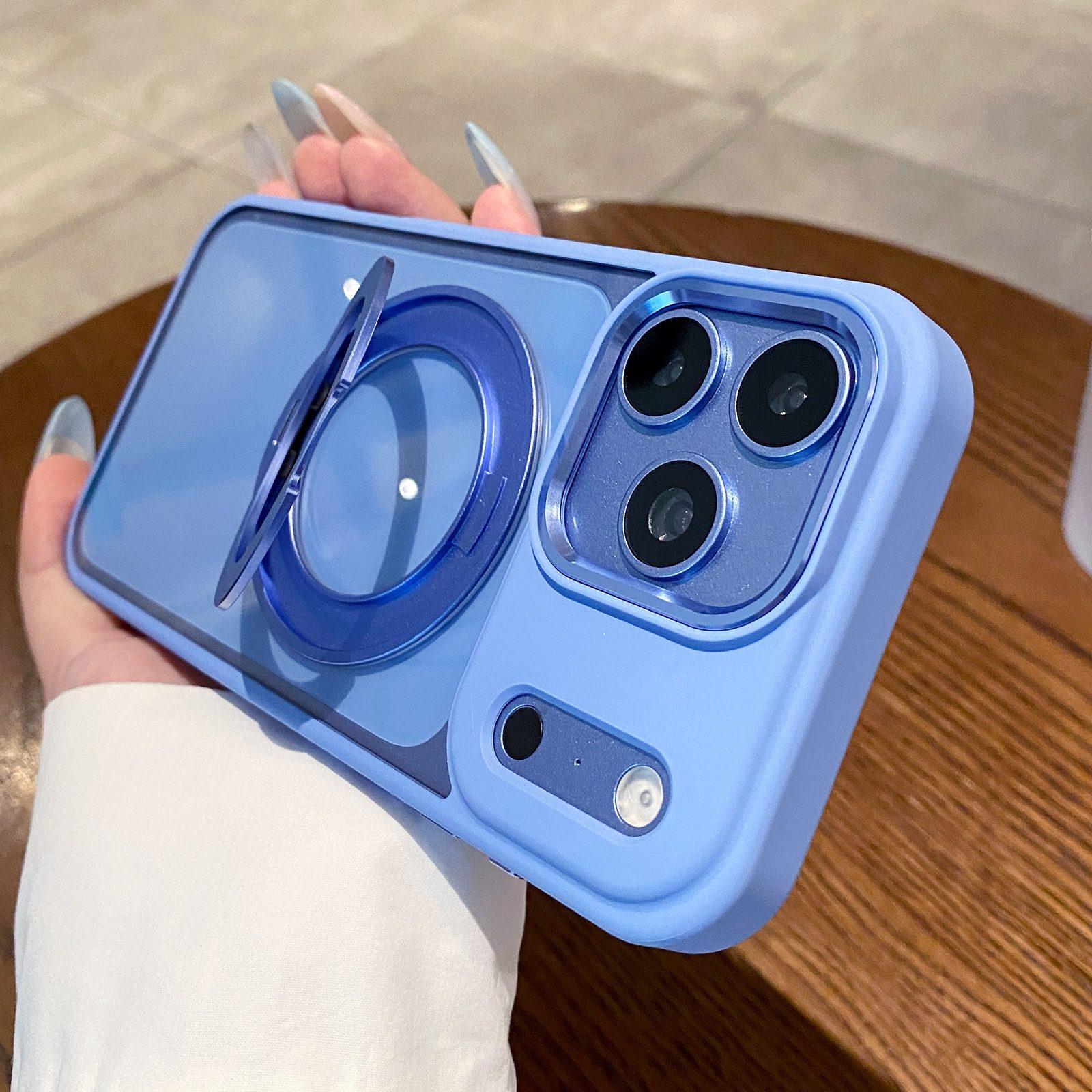 For iPhone 17 Pro Max Clear Back Design 360 Degree Rotating Magnetic Holder Phone Case(Blue) - Shopkiz.com