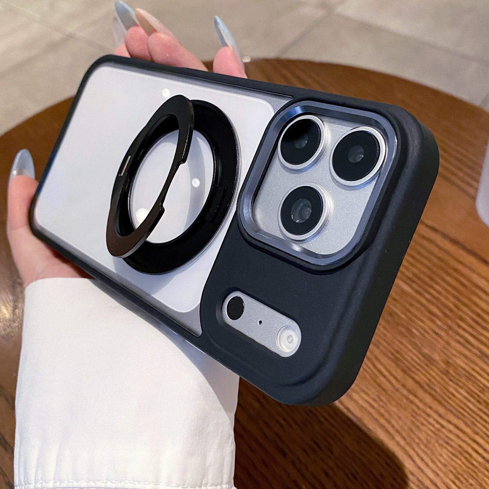 For iPhone 17 Pro Clear Back Design 360 Degree Rotating Magnetic Holder Phone Case(Black) - Shopkiz.com