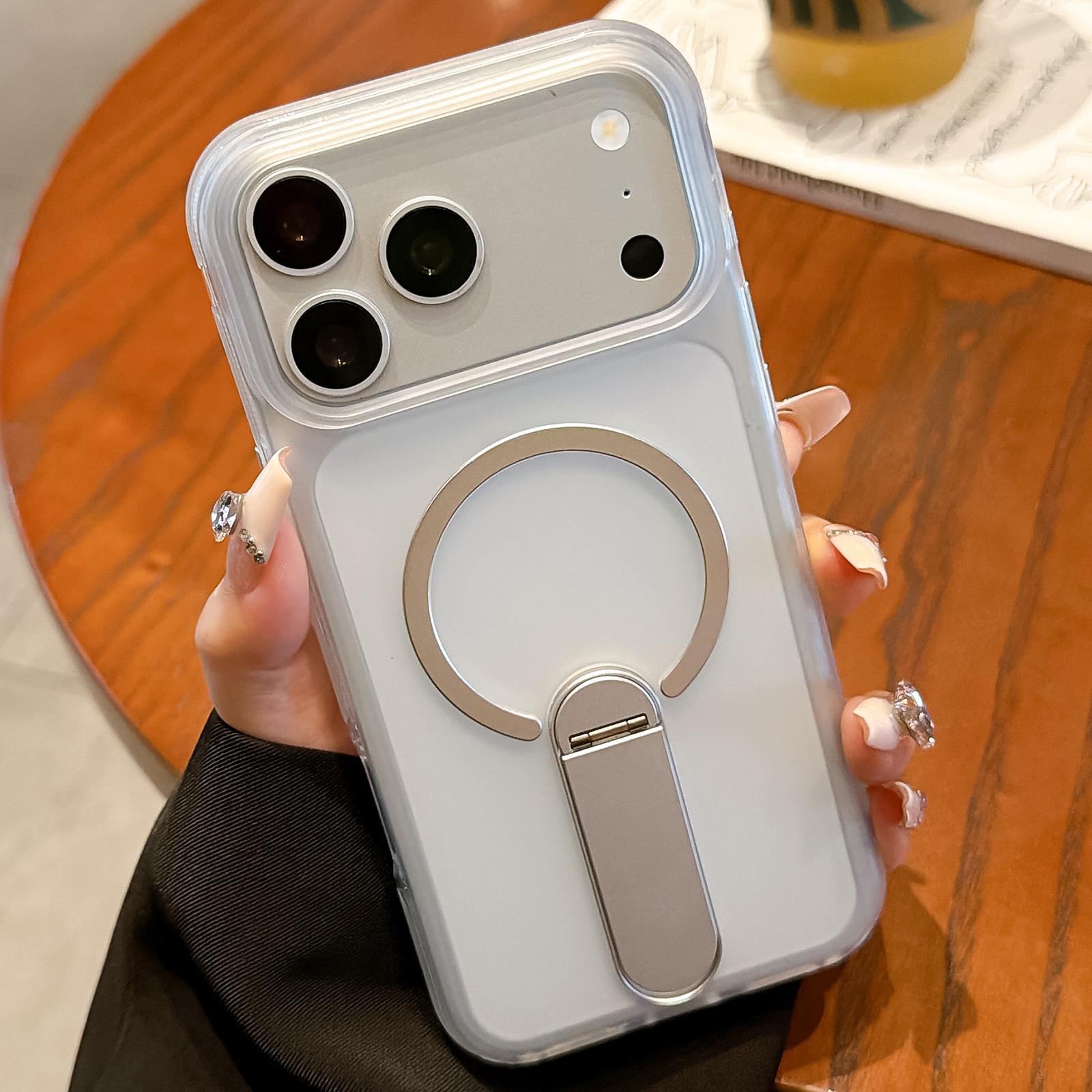 For iPhone 17 Pro Frosted TPU Magnetic Phone Case with Holder(White) - Shopkiz.com