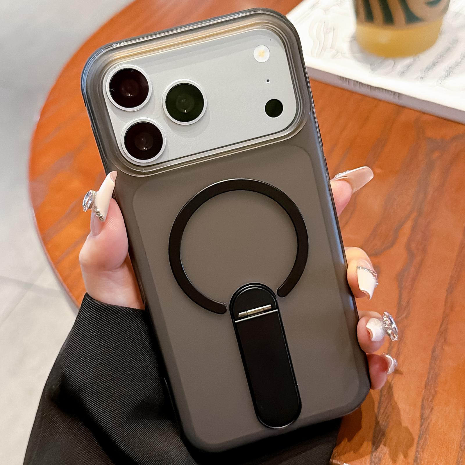 For iPhone 17 Pro Frosted TPU Magnetic Phone Case with Holder(Black) - Shopkiz.com