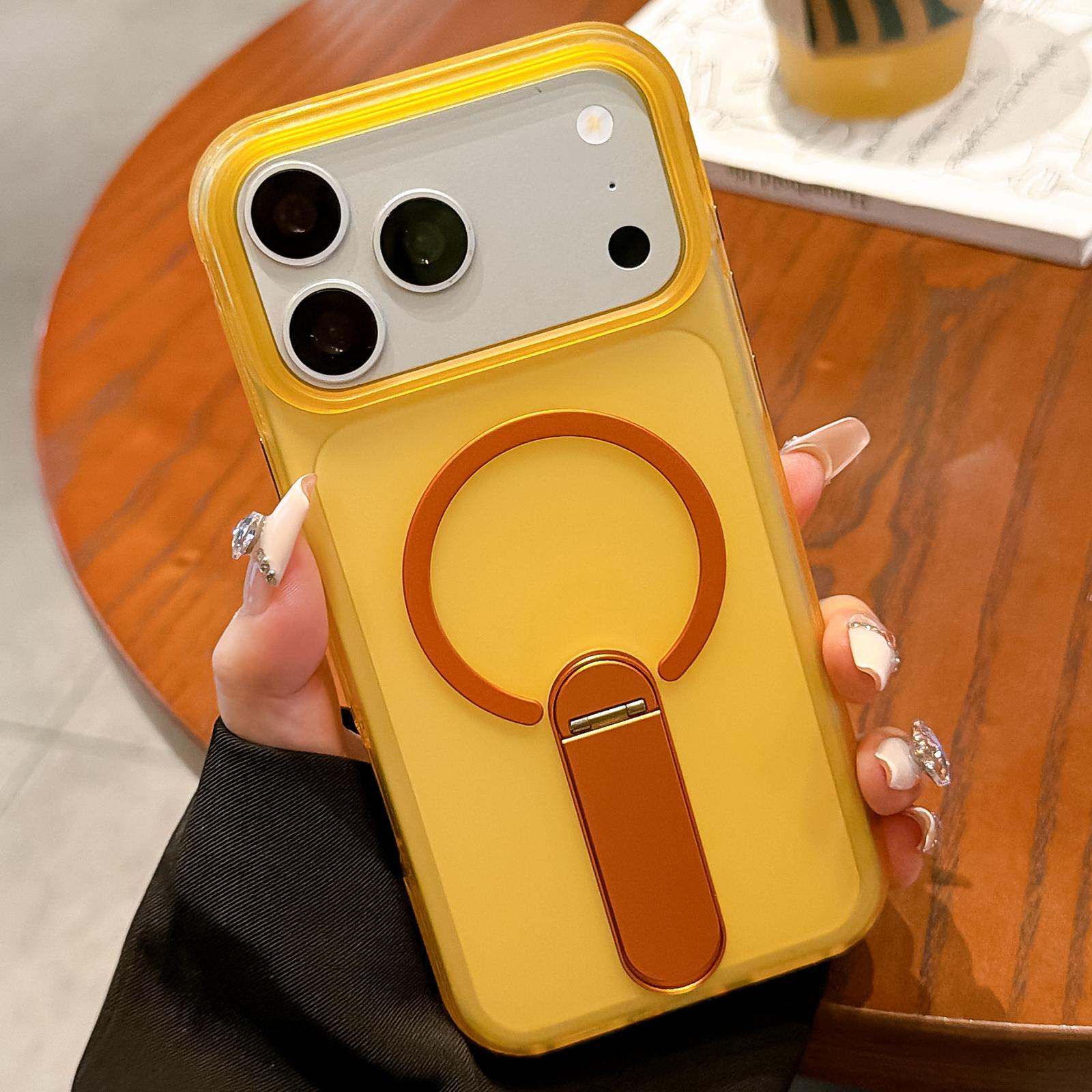 For iPhone 17 Pro Frosted TPU Magnetic Phone Case with Holder(Yellow) - Shopkiz.com