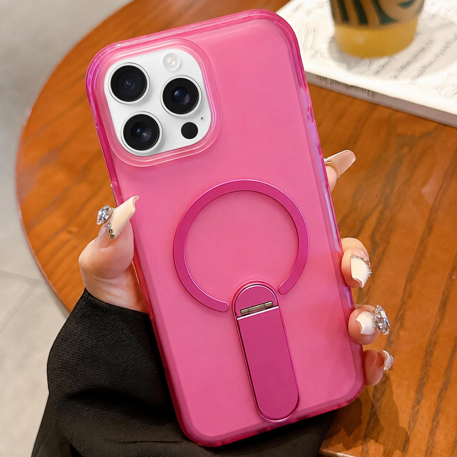 For iPhone 16 Pro Max Frosted TPU Magnetic Phone Case with Holder(Pink) - Shopkiz.com