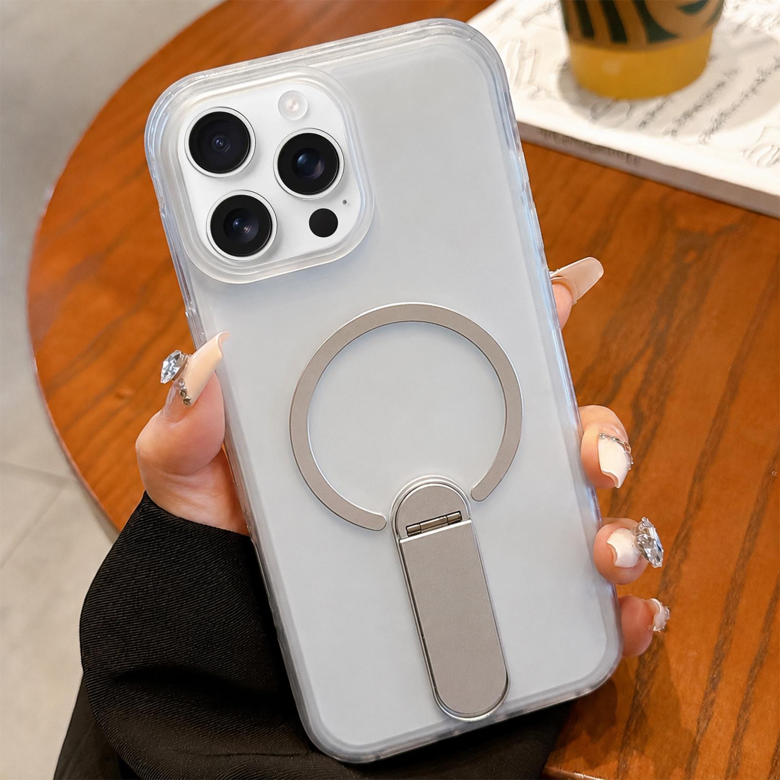 For iPhone 16 Pro Frosted TPU Magnetic Phone Case with Holder(White) - Shopkiz.com
