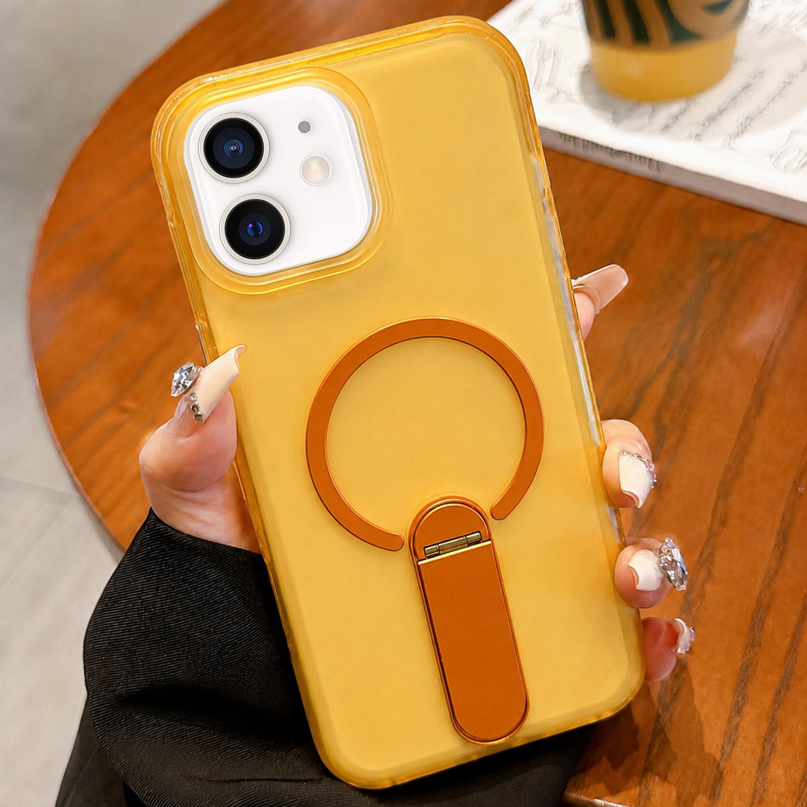 For iPhone 11 Frosted TPU Magnetic Phone Case with Holder(Yellow) - Shopkiz.com