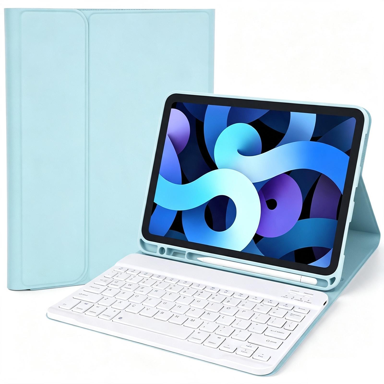 For iPad 10.2 2021 / 2020 / 2019 Solid Color Smart Tablet Leather Case with Detachable BT Keyboard(Lake Blue) - Shopkiz.com