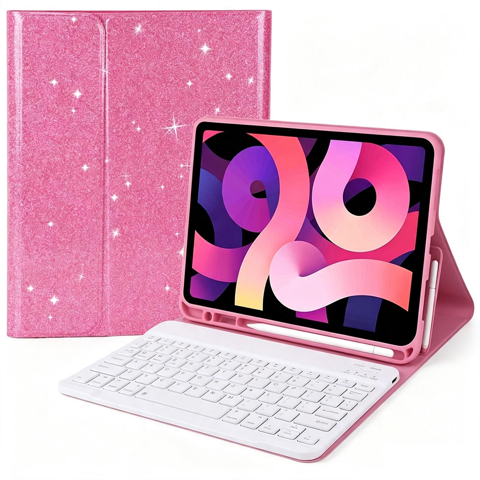 For iPad 10.2 2021 / 2020 / 2019 Glitter Powder Smart Tablet Leather Case with Detachable BT Keyboard(Pink) - Shopkiz.com