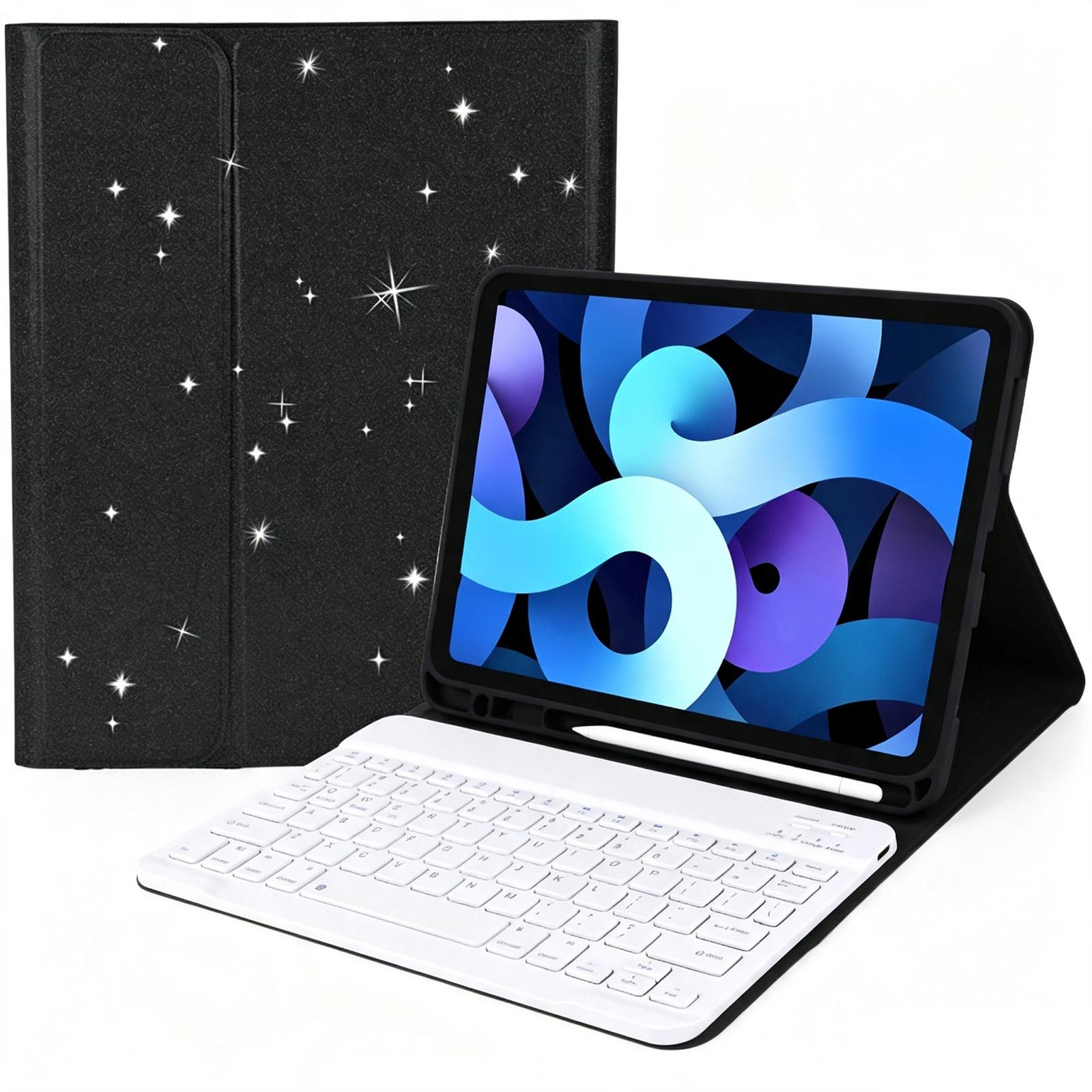 For iPad 9.7 2017 / 2018 / Air 2 / Air Glitter Powder Smart Tablet Leather Case with Detachable BT Keyboard(Glitter Black+White) - Shopkiz.com