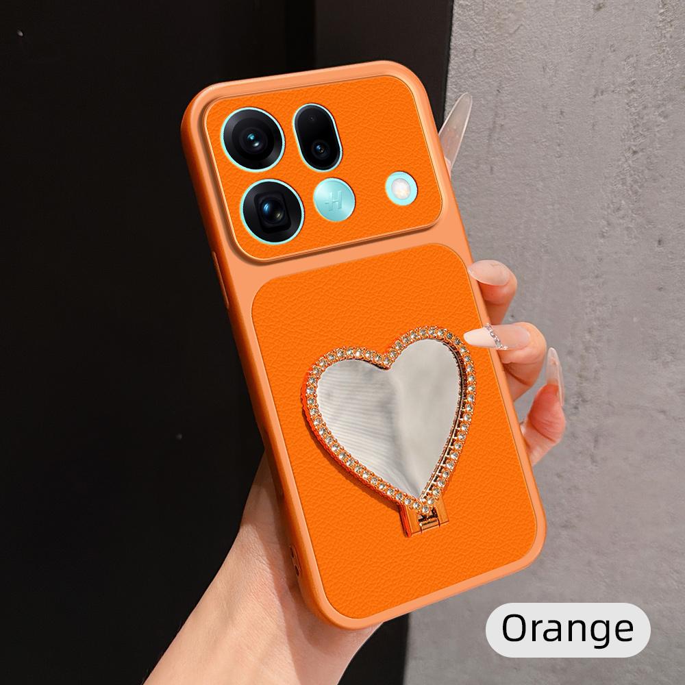 For OPPO Find X9s Pro 5G Lambskin Series Skin Feel Shockproof Phone Case with Heart Mirror Holder(Orange) - Shopkiz.com