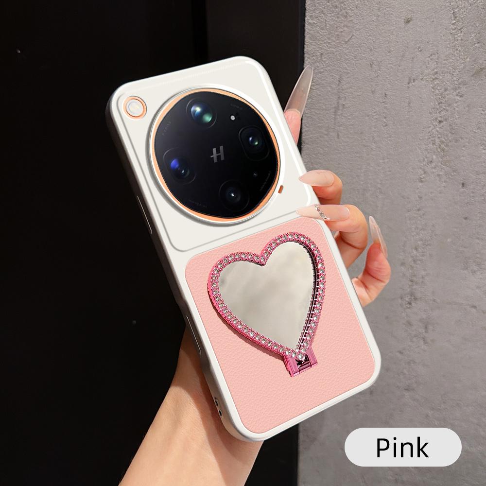 For OPPO Find X9 Ultra 5G Lambskin Series Skin Feel Shockproof Phone Case with Heart Mirror Holder(Pink) - Shopkiz.com