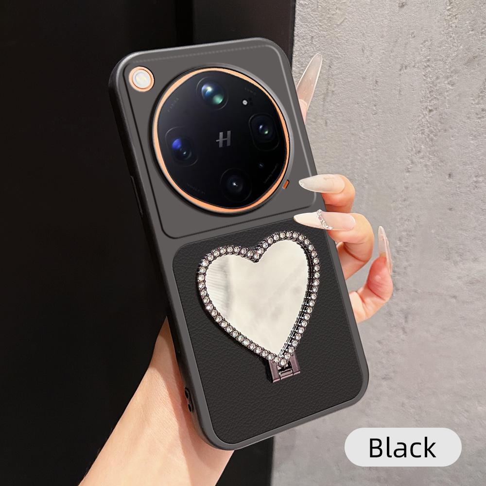 For OPPO Find X9 Ultra 5G Lambskin Series Skin Feel Shockproof Phone Case with Heart Mirror Holder(Black) - Shopkiz.com