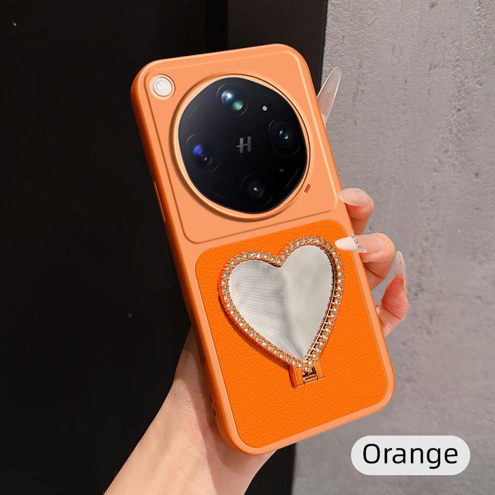 For OPPO Find X9 Ultra 5G Lambskin Series Skin Feel Shockproof Phone Case with Heart Mirror Holder(Orange) - Shopkiz.com