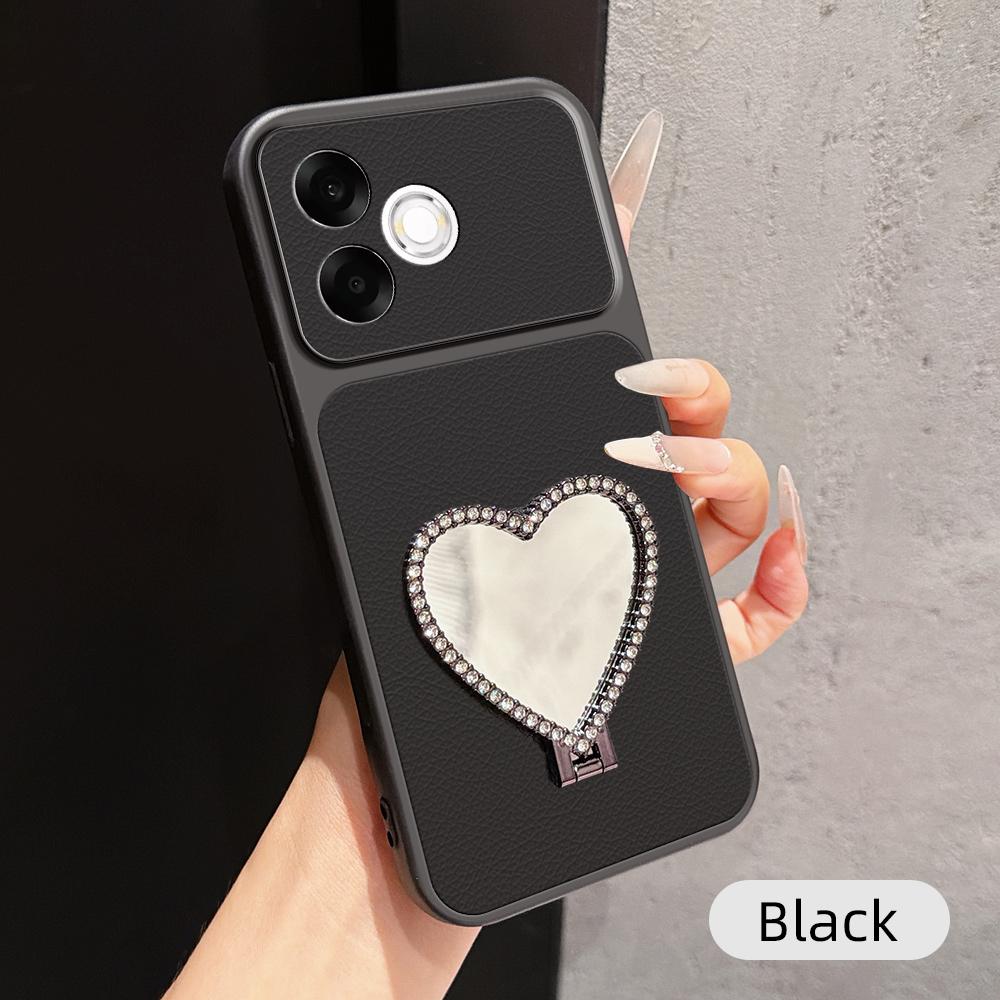 For OPPO A6s Pro 4G Lambskin Series Skin Feel Shockproof Phone Case with Heart Mirror Holder(Black) - Shopkiz.com