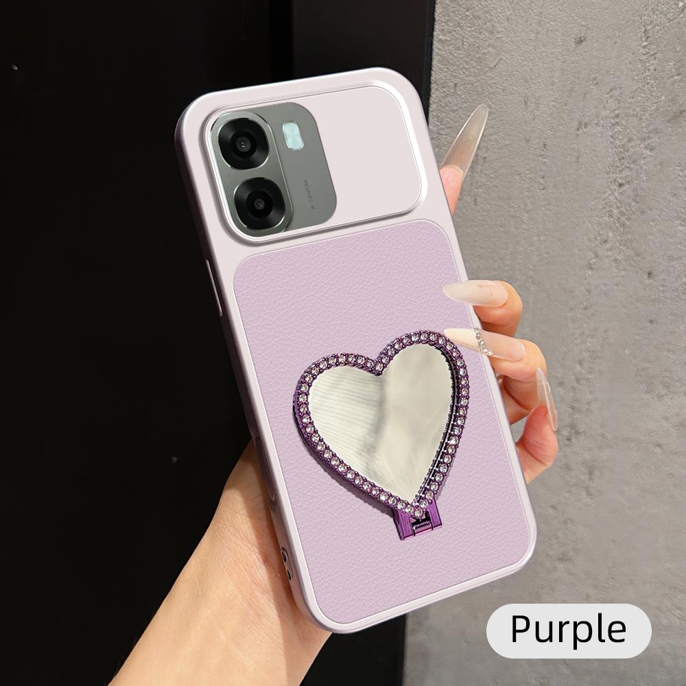 For OPPO A6x 5G Lambskin Series Skin Feel Shockproof Phone Case with Heart Mirror Holder(Purple) - Shopkiz.com