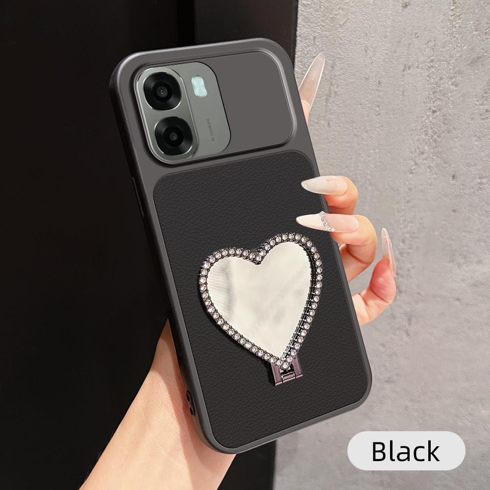 For OPPO A6x 5G Lambskin Series Skin Feel Shockproof Phone Case with Heart Mirror Holder(Black) - Shopkiz.com