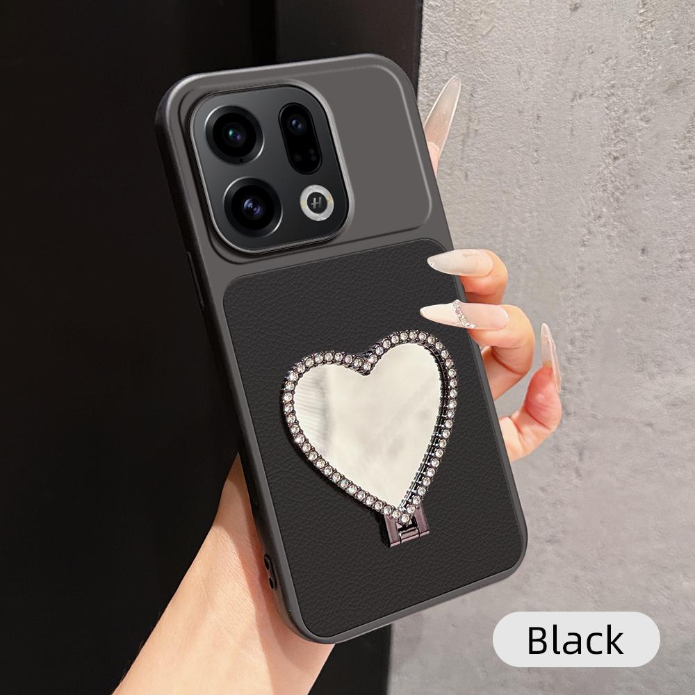 For OPPO Find X9 Lambskin Series Skin Feel Shockproof Phone Case with Heart Mirror Holder(Black) - Shopkiz.com