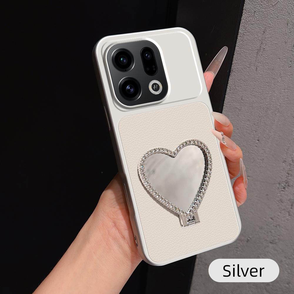 For OPPO Find X9 Lambskin Series Skin Feel Shockproof Phone Case with Heart Mirror Holder(Silver) - Shopkiz.com