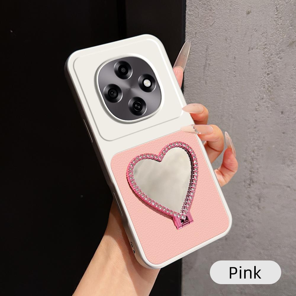 For OPPO A6 Pro 5G Global CPH2781 Lambskin Series Skin Feel Shockproof Phone Case with Heart Mirror Holder(Pink) - Shopkiz.com