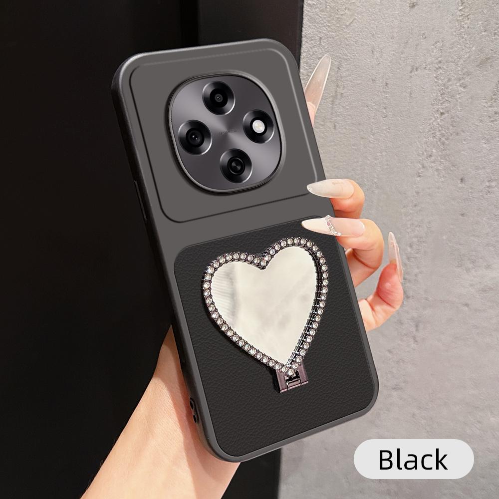 For OPPO A6 Pro 5G Global CPH2781 Lambskin Series Skin Feel Shockproof Phone Case with Heart Mirror Holder(Black) - Shopkiz.com