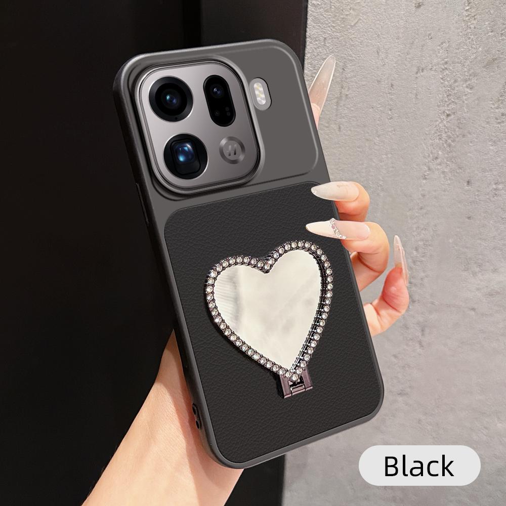 For OPPO Find X9 Pro Lambskin Series Skin Feel Shockproof Phone Case with Heart Mirror Holder(Black) - Shopkiz.com