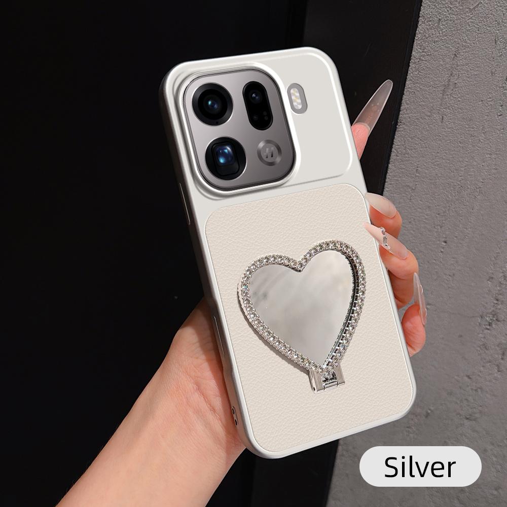 For OPPO Find X9 Pro Lambskin Series Skin Feel Shockproof Phone Case with Heart Mirror Holder(Silver) - Shopkiz.com