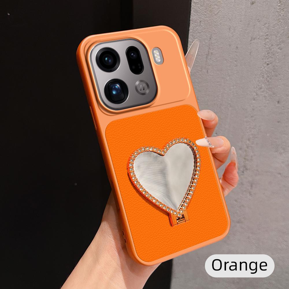 For OPPO Find X9 Pro Lambskin Series Skin Feel Shockproof Phone Case with Heart Mirror Holder(Orange) - Shopkiz.com