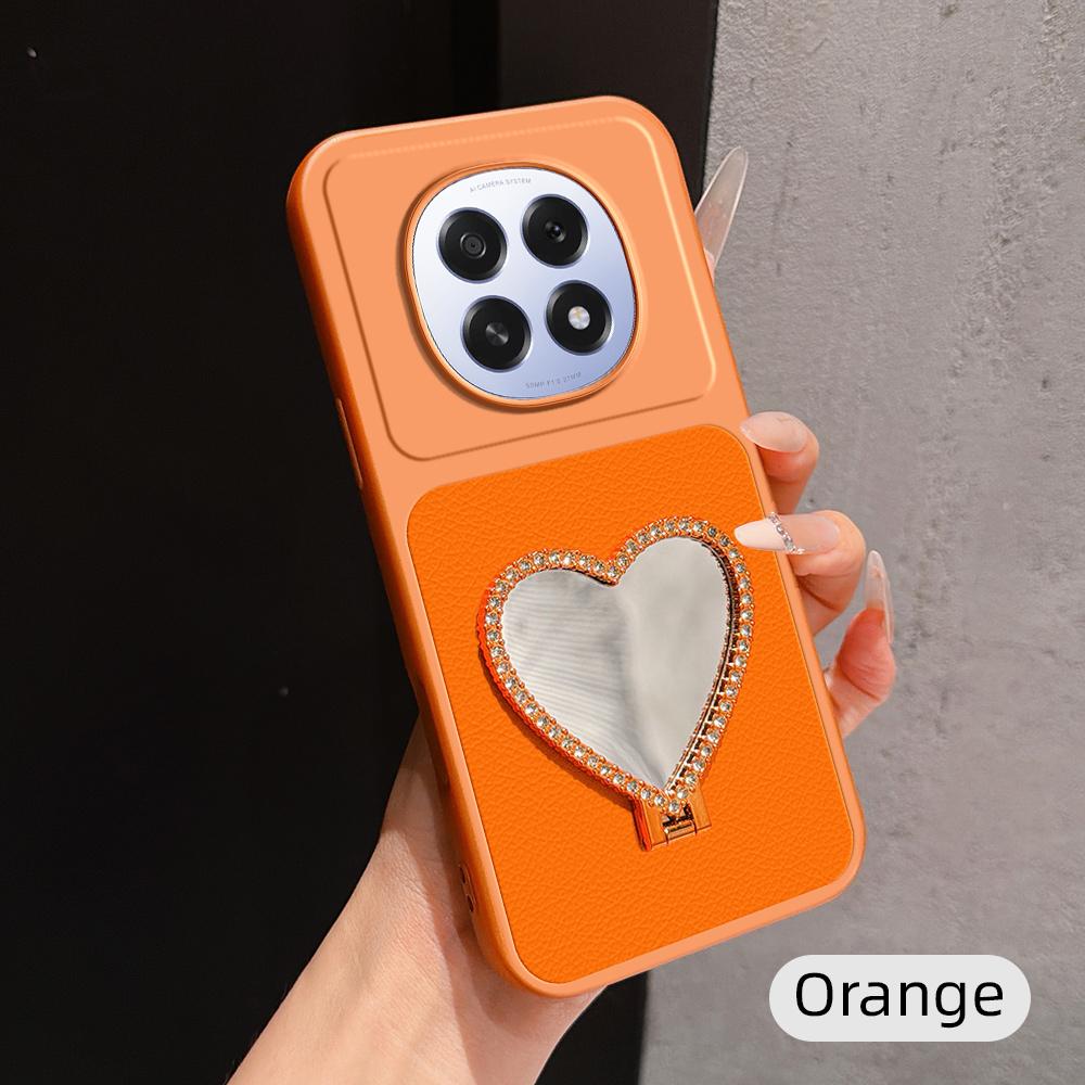 For OPPO A5 5G Global Lambskin Series Skin Feel Shockproof Phone Case with Heart Mirror Holder(Orange) - Shopkiz.com