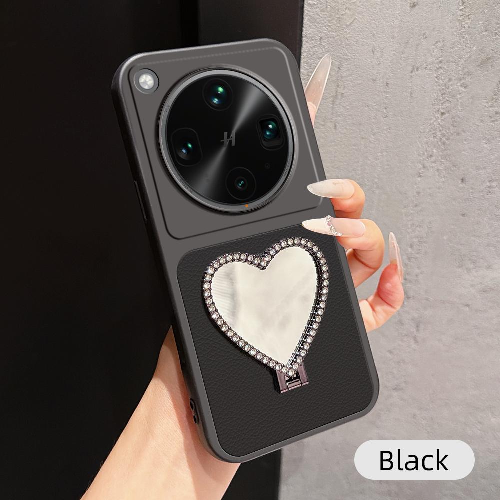 For OPPO Find X8 Ultra Lambskin Series Skin Feel Shockproof Phone Case with Heart Mirror Holder(Black) - Shopkiz.com
