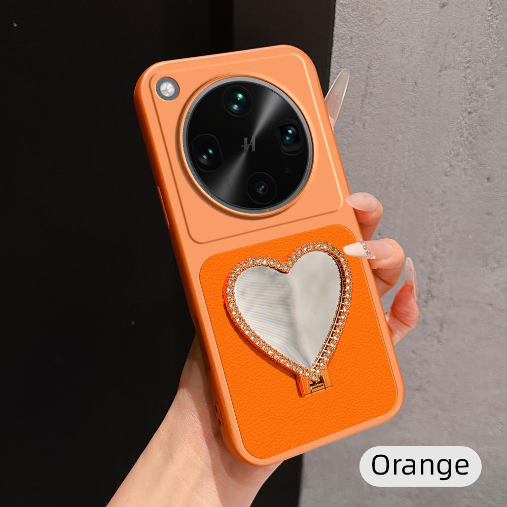 For OPPO Find X8 Ultra Lambskin Series Skin Feel Shockproof Phone Case with Heart Mirror Holder(Orange) - Shopkiz.com