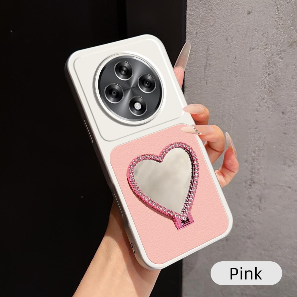 For OPPO A3 5G Global Lambskin Series Skin Feel Shockproof Phone Case with Heart Mirror Holder(Pink) - Shopkiz.com