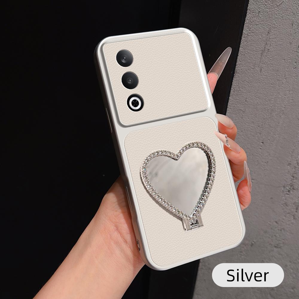 For OPPO K12 Lambskin Series Skin Feel Shockproof Phone Case with Heart Mirror Holder(Silver) - Shopkiz.com