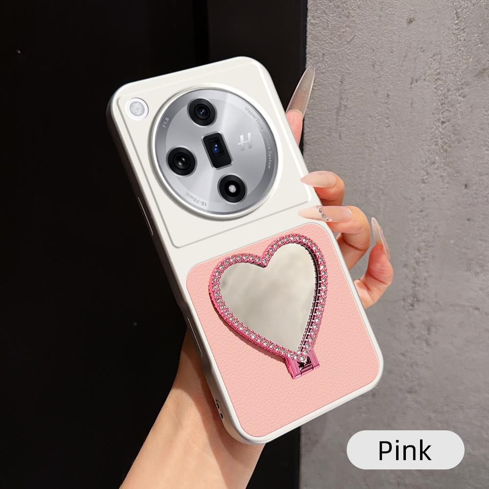 For OPPO Find X7 Lambskin Series Skin Feel Shockproof Phone Case with Heart Mirror Holder(Pink) - Shopkiz.com