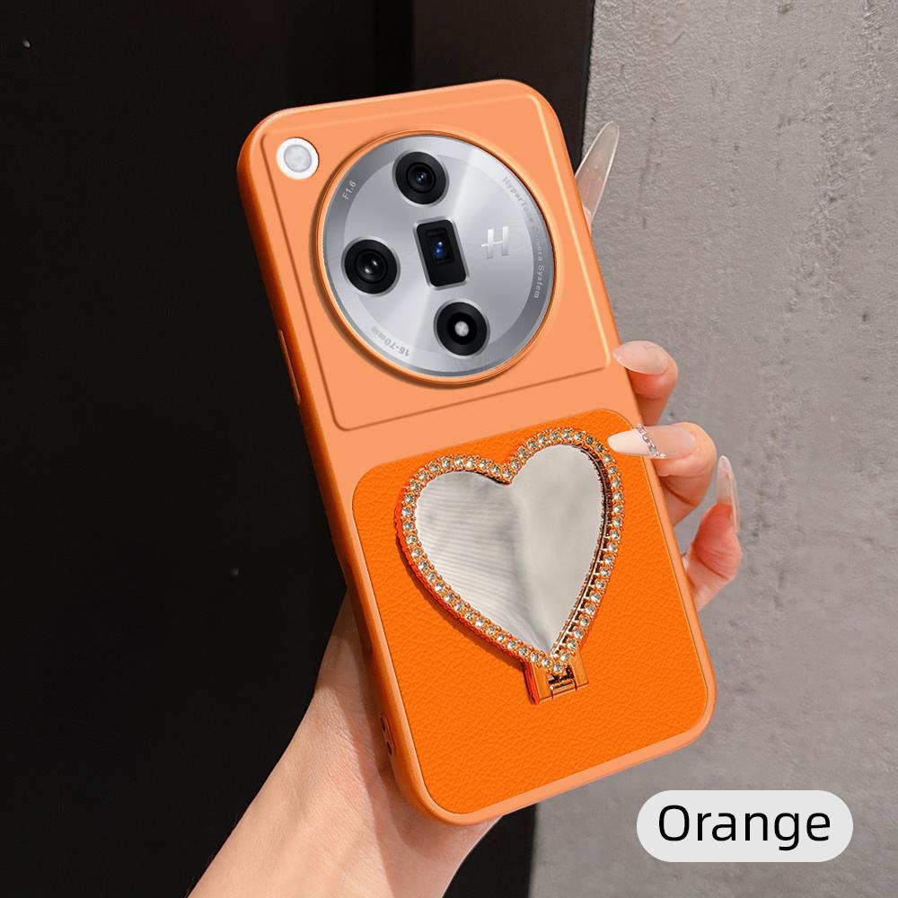 For OPPO Find X7 Lambskin Series Skin Feel Shockproof Phone Case with Heart Mirror Holder(Orange) - Shopkiz.com