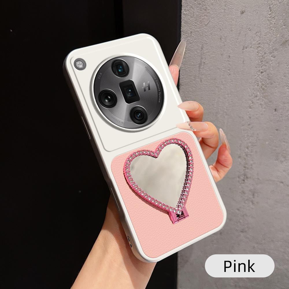 For OPPO Find X7 Ultra Lambskin Series Skin Feel Shockproof Phone Case with Heart Mirror Holder(Pink) - Shopkiz.com
